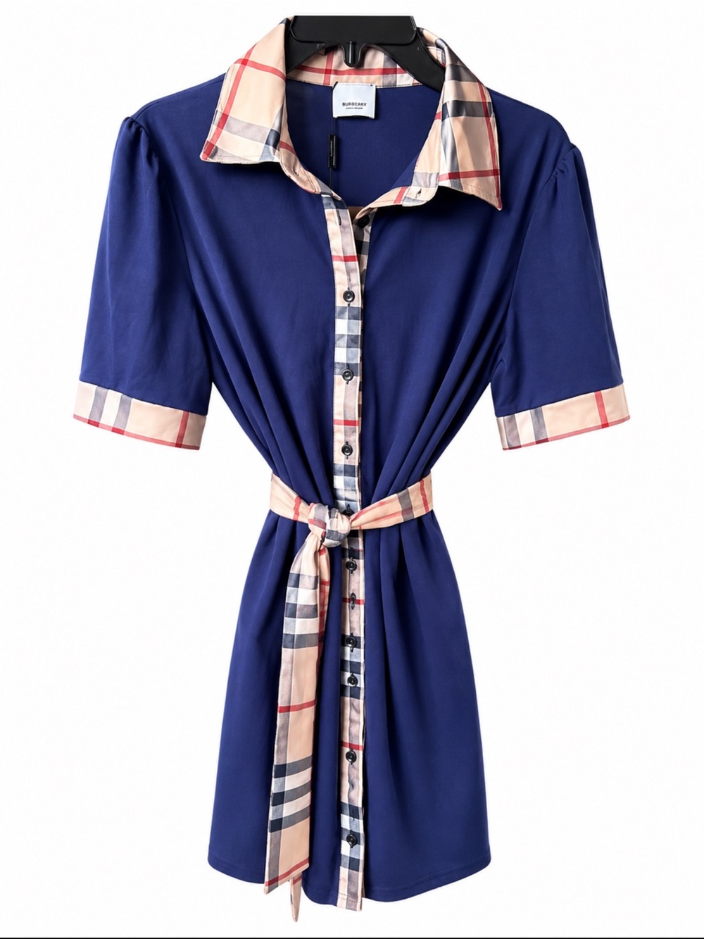 Designer Inspired Navy Blue Shirt with Plaid Trim